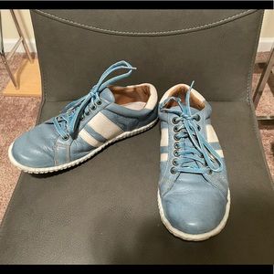 Used blue and white leather shoes, size 9.5
